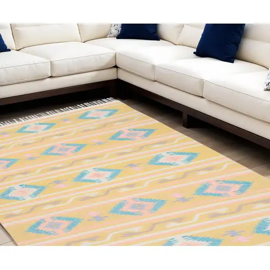 Blue and Yellow Southwestern Handmade Area Rug With Fringe Photo 2