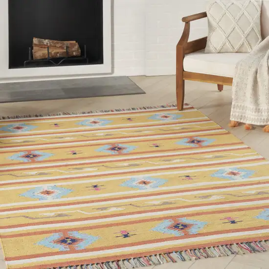 Blue and Yellow Southwestern Handmade Area Rug With Fringe Photo 7