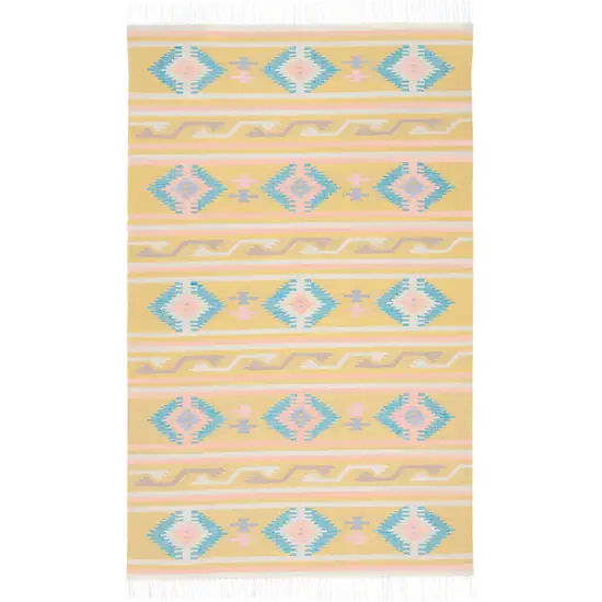 Blue and Yellow Southwestern Handmade Area Rug With Fringe Photo 2