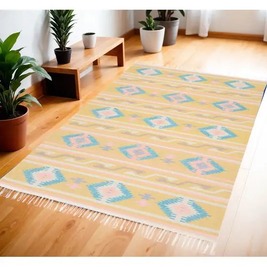 Blue and Yellow Southwestern Handmade Area Rug With Fringe Photo 1