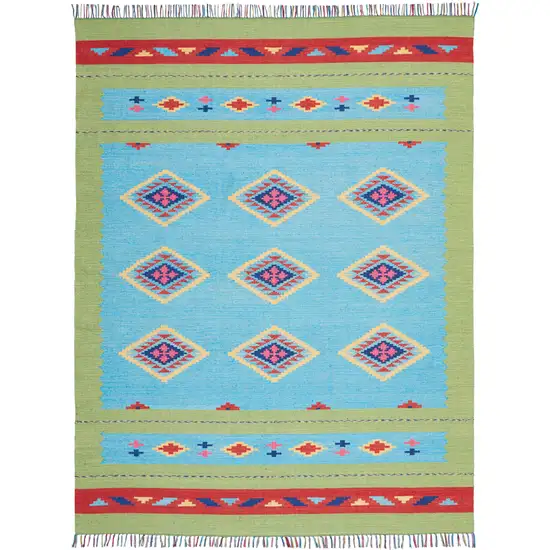 Blue and Yellow Southwestern Handmade Area Rug With Fringe Photo 1