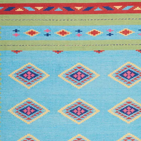 Blue and Yellow Southwestern Handmade Area Rug With Fringe Photo 7