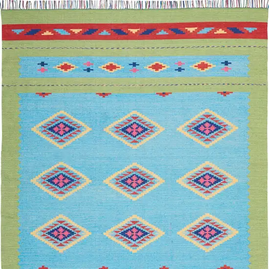 Blue and Yellow Southwestern Handmade Area Rug With Fringe Photo 8