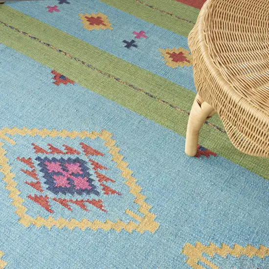 Blue and Yellow Southwestern Handmade Area Rug With Fringe Photo 9