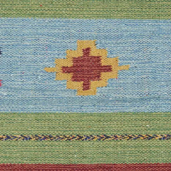 Blue and Yellow Southwestern Handmade Area Rug With Fringe Photo 3