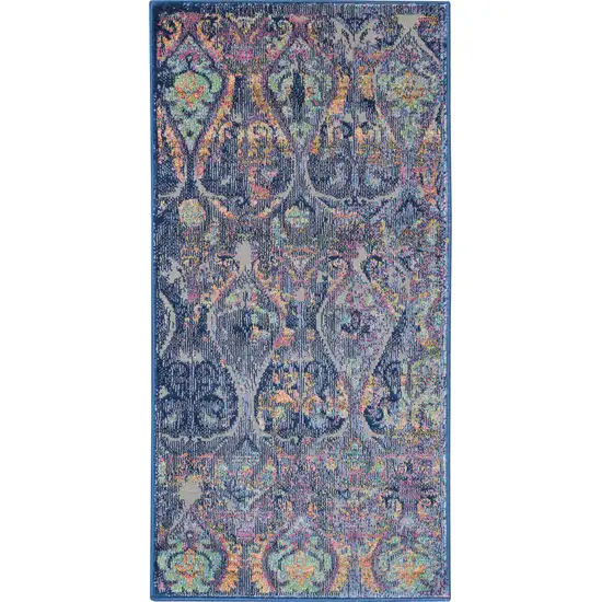 Blue and Yellow Trellis Distressed Non Skid Area Rug Photo 2