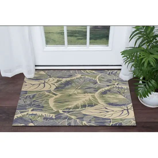 Blue Or Green Tropical Leaves Wool Indoor Area Rug Photo 1