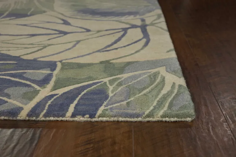 Blue or Green Tropical Leaves Wool Indoor Area Rug Photo 2