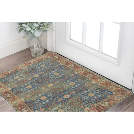 Blue and Beige Floral Hand Woven Area Rug Photo 1