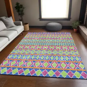 Photo of Blush Blue And Lime Green Quatrefoil Washable Indoor Outdoor Area Rug