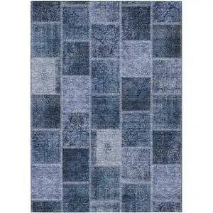 Photo of Blush Denim Blue And Sky Blue Patchwork Washable Indoor Outdoor Area Rug