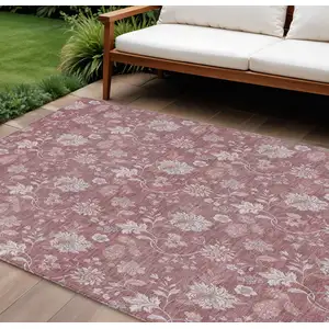 Photo of Blush Pink And Mauve Floral Washable Indoor Outdoor Area Rug