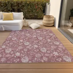 Photo of Blush Pink And Mauve Floral Washable Indoor Outdoor Area Rug