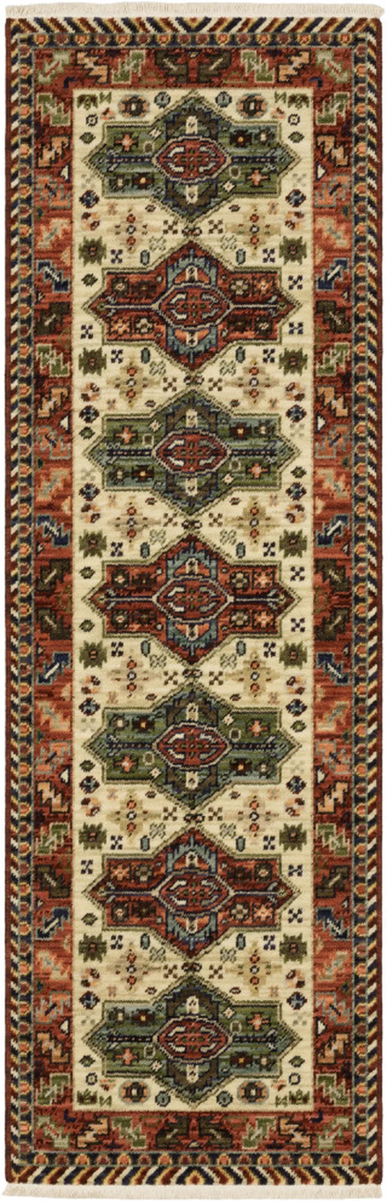 Brick Red Orange Rust Beige Gold Pale Blue Olive Navy And Black Oriental Power Loom Runner Rug With Fringe Photo 1