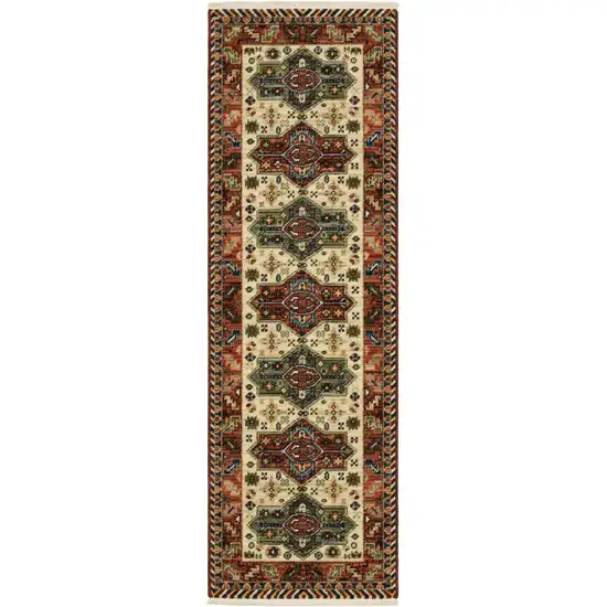 Brick Red Orange Rust Beige Gold Pale Blue Olive Navy And Black Oriental Power Loom Runner Rug With Fringe Photo 1