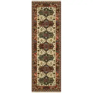 Photo of Brick Red Orange Rust Beige Gold Pale Blue Olive Navy And Black Oriental Power Loom Runner Rug With Fringe