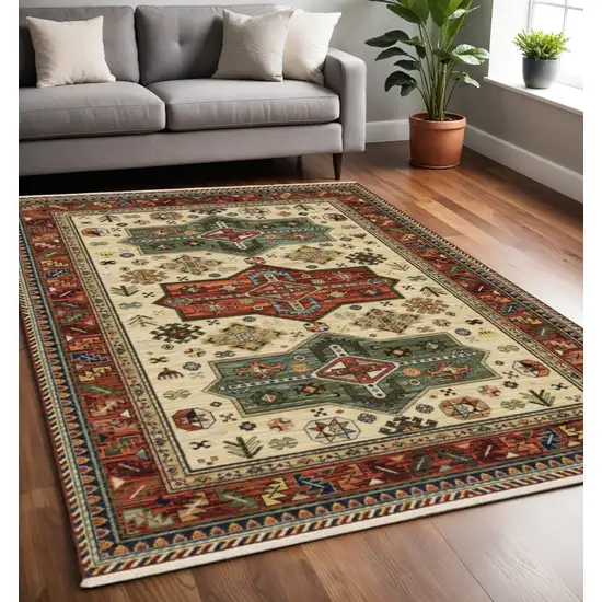 Blue and Beige Oriental Power Loom Area Rug With Fringe Photo 1