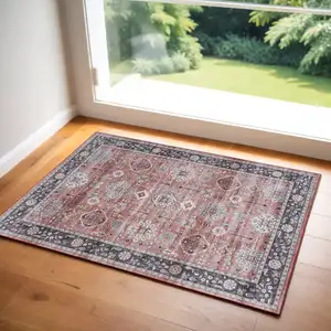 Photo of Brick Red and Black Oriental Distressed Non Skid Area Rug