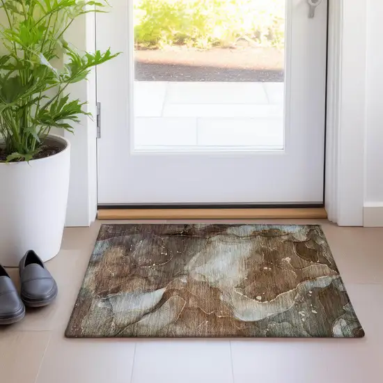 Brown Abstract Washable Non Skid Indoor Outdoor Area Rug Photo 9