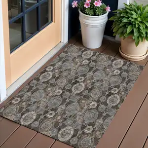 Photo of Brown And Beige Damask Washable Indoor Outdoor Area Rug