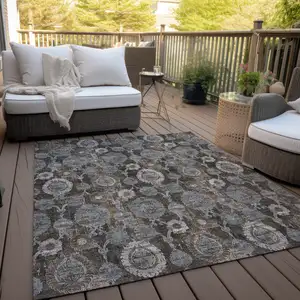 Photo of Brown And Beige Damask Washable Indoor Outdoor Area Rug