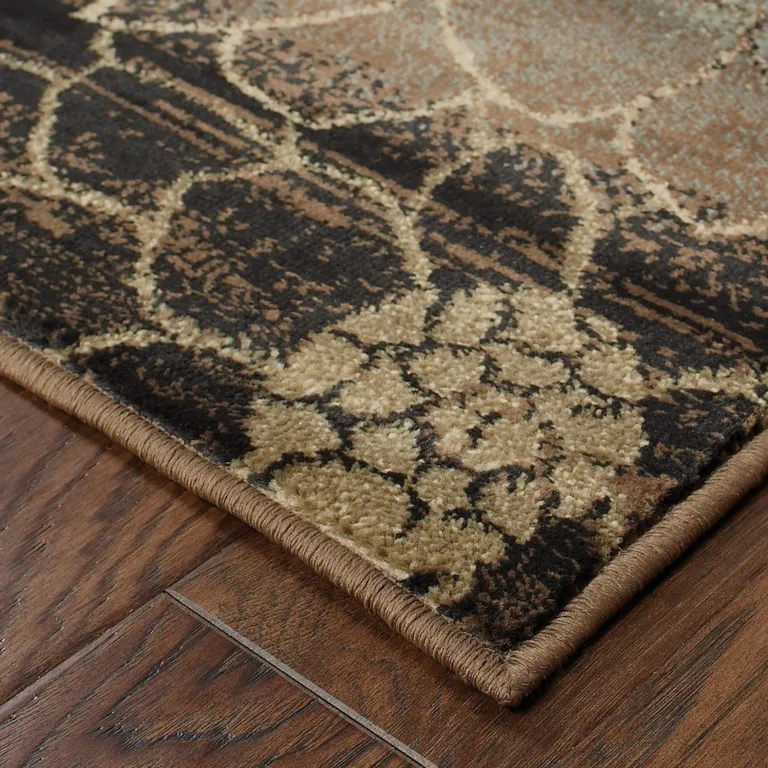 Brown And Beige Floral Power Loom Stain Resistant Runner Rug Photo 3