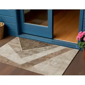 Photo of Brown And Beige Geometric Washable Indoor Outdoor Area Rug