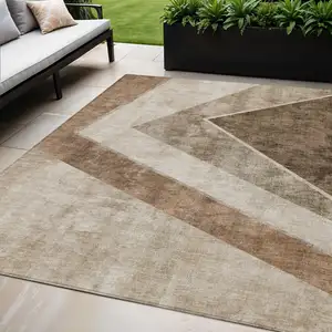 Photo of Brown And Beige Geometric Washable Indoor Outdoor Area Rug