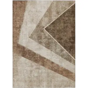 Photo of Brown And Beige Geometric Washable Indoor Outdoor Area Rug