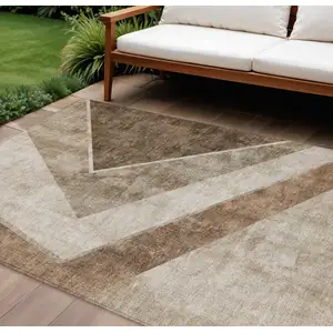 Photo of Brown And Beige Geometric Washable Indoor Outdoor Area Rug