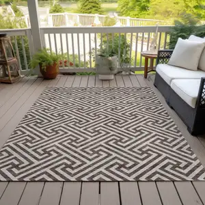 Photo of Brown And Beige Geometric Washable Indoor Outdoor Area Rug