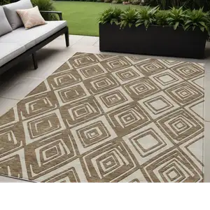 Photo of Brown And Beige Geometric Washable Indoor Outdoor Area Rug