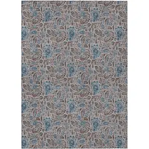 Photo of Brown And Blue Floral Washable Indoor Outdoor Area Rug