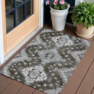 Photo of Brown And Gray Medallion Washable Indoor Outdoor Area Rug