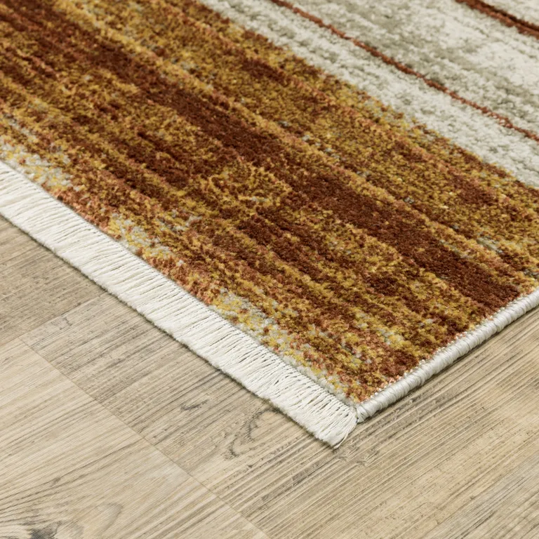 Brown And Ivory Geometric Power Loom Runner Rug With Fringe Photo 4