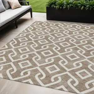 Photo of Brown And Ivory Geometric Washable Indoor Outdoor Area Rug