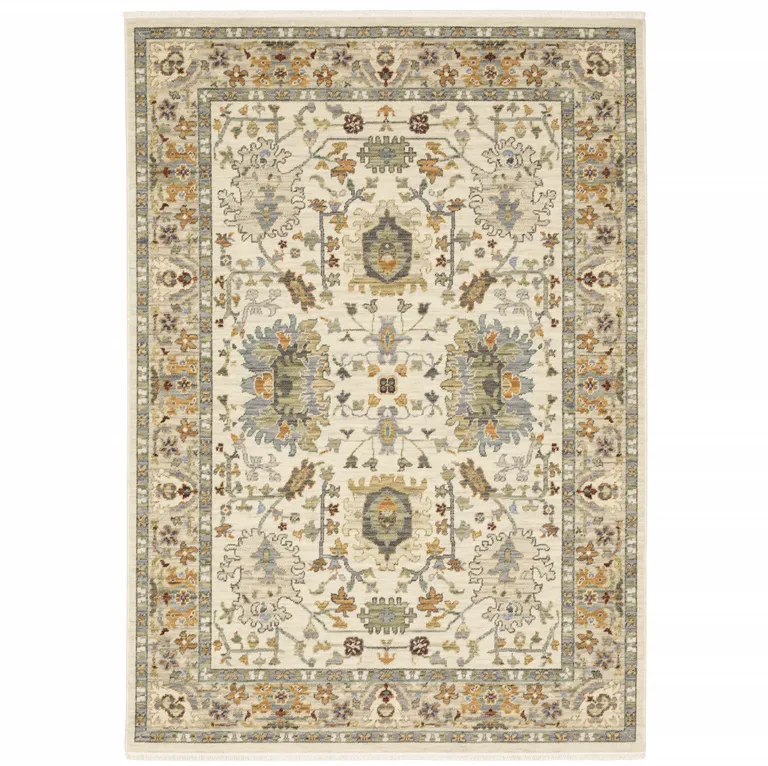 Brown And Ivory Oriental Power Loom Stain Resistant Area Rug With Fringe Photo 1