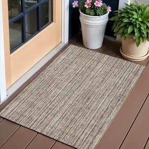 Photo of Brown And Ivory Striped Washable Indoor Outdoor Area Rug