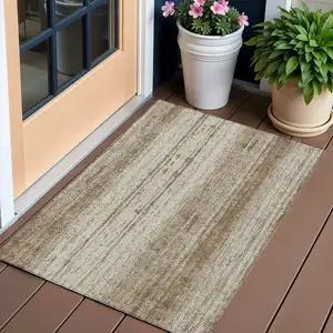 Photo of Brown And Ivory Striped Washable Indoor Outdoor Area Rug