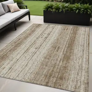 Photo of Brown And Ivory Striped Washable Indoor Outdoor Area Rug