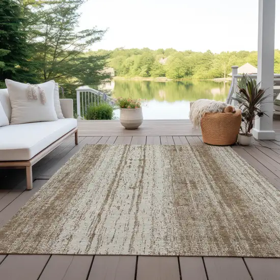 Brown And Ivory Striped Washable Indoor Outdoor Area Rug Photo 8