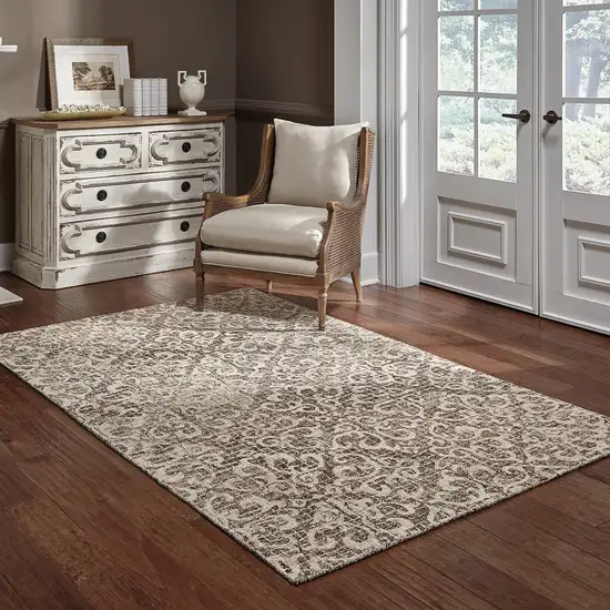 Brown And Ivory Wool Floral Hand Tufted Area Rug Photo 9