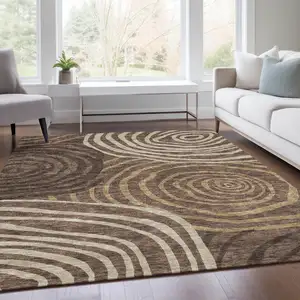 Photo of Brown And Taupe Abstract Washable Indoor Outdoor Area Rug