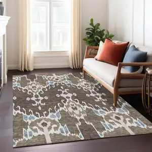 Photo of Brown And Taupe Ikat Washable Indoor Outdoor Area Rug