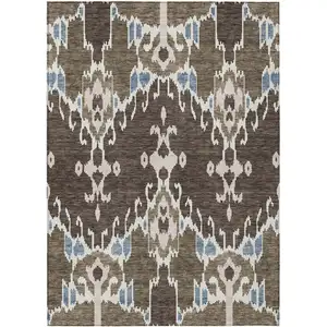 Photo of Brown And Taupe Ikat Washable Indoor Outdoor Area Rug