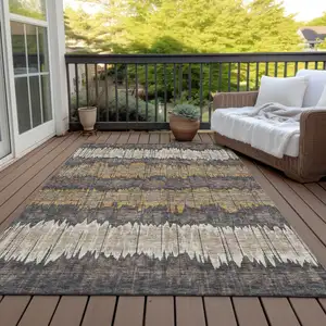 Photo of Brown And Taupe Striped Washable Indoor Outdoor Area Rug