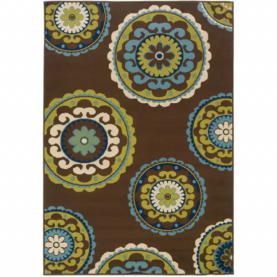 Brown And White Floral Medallion Stain Resistant Indoor Outdoor Area Rug Photo 1