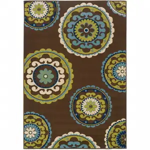 Photo of Brown And White Floral Medallion Stain Resistant Indoor Outdoor Area Rug