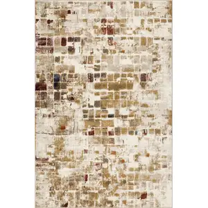 Photo of Brown Beige Abstract Tiles Distressed Area Rug