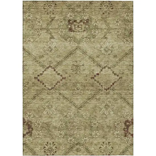 Brown Beige And Artichoke Green Floral Washable Indoor Outdoor Area Rug Photo 2